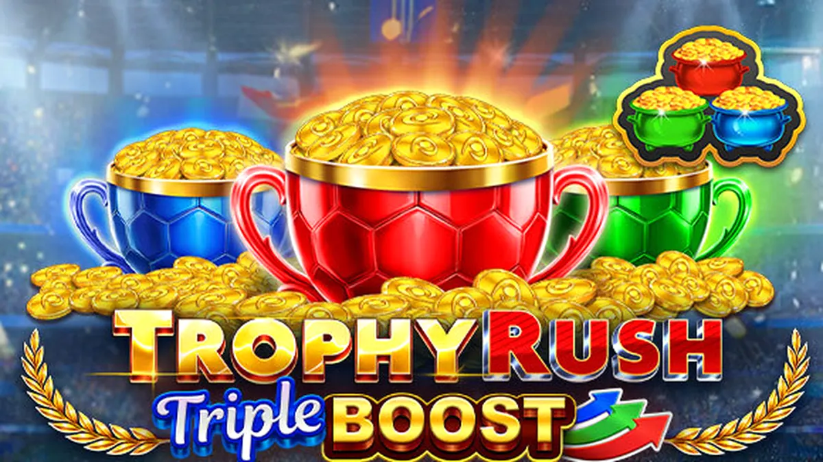 Tampilan visual slot Trophy Rush Triple Boost dengan tema stadion dan koin emas